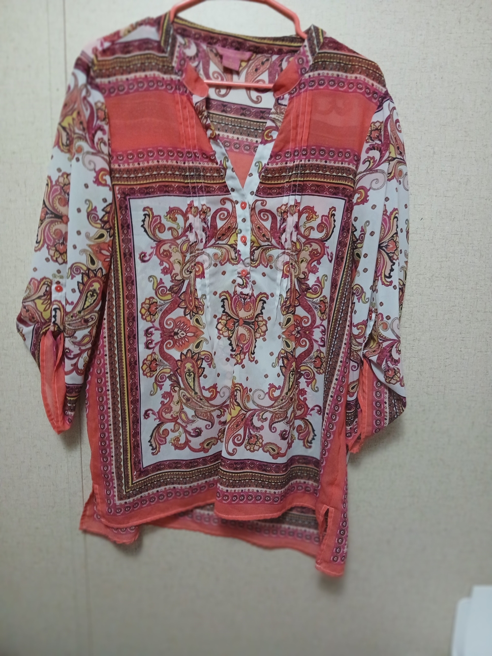 Sunny Leigh Coral and White Paisley Tunic Blouse